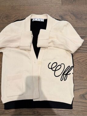 Off-White Cream and Black Logo Cardigan Sweater